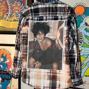 OOAK Handmade Upcycled Bleached Whitney Houston Flannel Shirt Lightweight Jacket Shacket