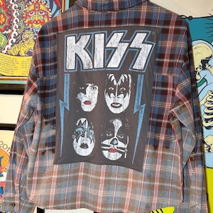 OOAK Handgemaakte geüpcycled KISS geruite flanellen overhemdshacket