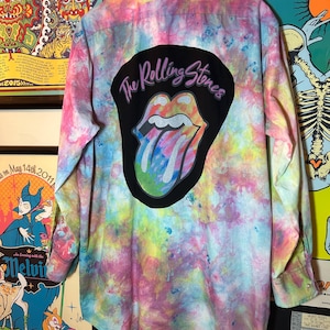 OOAK Handmade Upcycled Rainbow Tie Dye The Rolling Stones Classic Tuxedo Shirt Shacket