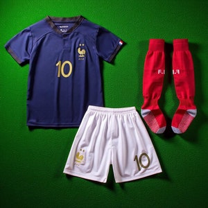 Mbappe Kids Jersey and Shorts,France 2022 Home Kylian Mbappe #10 Kids Soccer Uniform Jersey Shors Socks for Boys Girls Cup Paris Youth Sizes