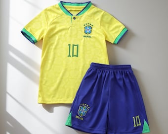 Pele #10 Brazil Kids Soccer Kit : Yellow & Green Youth Set