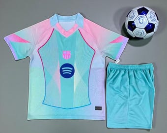 Conjunto de camiseta de fútbol local del Barcelona / Camiseta de manga corta con cuello en V y pantalones cortos / Conjunto de aficionado del Barça para niños y adultos