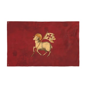 May include: A rectangular flag featuring a deep red background with a textured, weathered appearance. In the center, a cream-colored lamb stands facing left, wearing a golden halo and holding a staff with a white flag bearing a red cross.