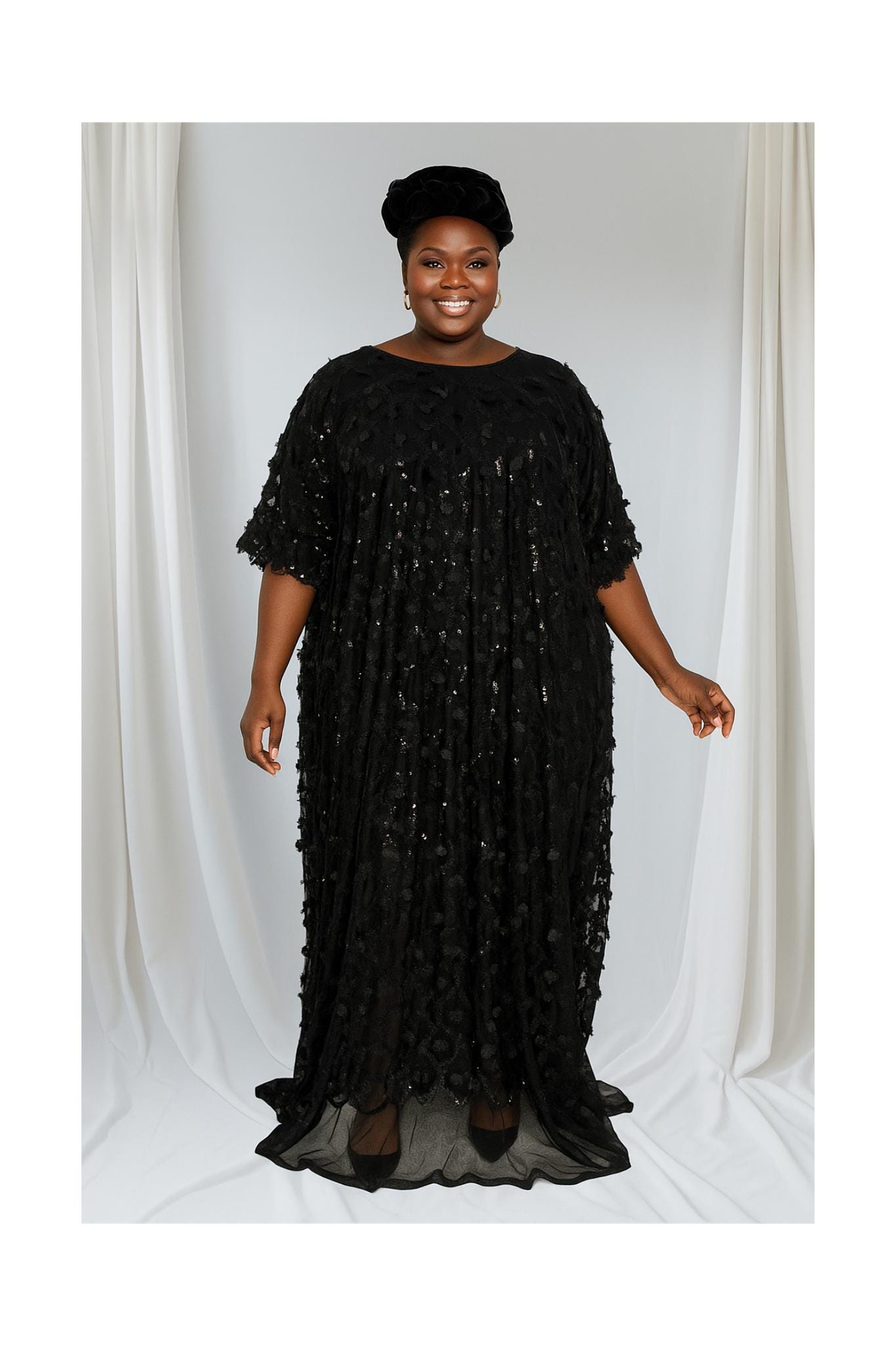black dress flutter sleeve Beth's Basic Deep V-Neck Maxi Large UK 8 Petite wearing Fall Wedding Dresses Tech Stretch Slim Button-Down Select Coat Size:EU56/US46