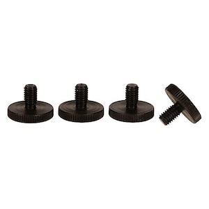 May include: Four black metal screw-in feet with a flat, ridged top. The feet are designed to be used as furniture levelers.