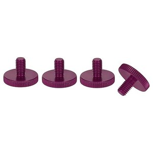 May include: Four purple metal thumb screws with a flat, circular head and a knurled edge for grip. Each screw features a threaded shaft extending from the center of the flat base, designed for manual tightening and loosening in various hardware applications.