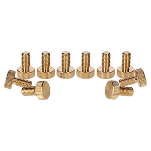 Könnte beinhalten: Ein Satz von zehn goldfarbenen Metallschrauben mit einem abgerundeten Kopf und einer Gewindespindel. Die Schrauben sind in einem Halbkreis angeordnet.