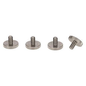 May include: Four silver-toned metal screw-in feet with a flat, circular base and a threaded top.