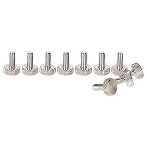 May include: Ten silver-toned metal screws with a knurled head and a flat base. The screws are arranged in a row, with two additional screws lying on their side.