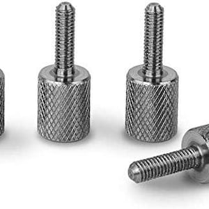 May include: Four silver thumbscrews with a knurled pattern. The thumbscrews have a threaded shaft and a hexagonal head.