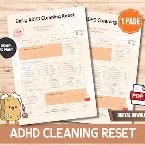 Può includere: Una pagina di pianificazione stampabile Daily ADHD Cleaning Reset con sezioni per livelli di energia, priorità giornaliere, attività di pulizia per livello di energia e piccoli successi. Include un personaggio spugna.