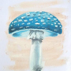 Peinture à l'huile ORIGINAL, champignon, champignon vénéneux, amanite mouche, bleu