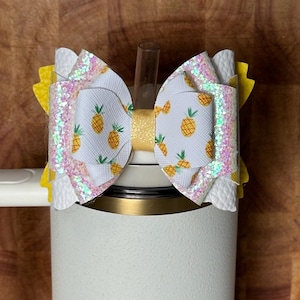 Pineapple Yellow and White Tumbler Straw Topper Bow