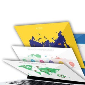 Könnte beinhalten: Ein Laptop, das mehrere Infografiken mit Weltkarten anzeigt. Die oberste Grafik ist gelb mit einer blauen Karte von Russland. Darunter befinden sich weiße Seiten mit farbenfrohen Weltkartendesigns. Der Laptop-Bildschirm ist geöffnet.