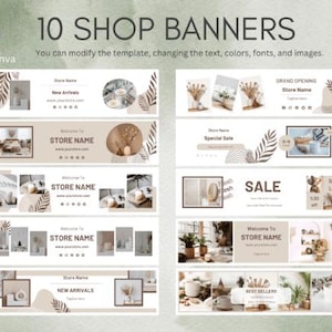 May include: Ten shop banners with neutral tones and various designs. Each banner includes the text "Store Name" and other text. The Canva logo is in the top left corner. The banners are designed to be modified.