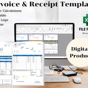 May include: Digital invoice and receipt template. The image shows a computer screen displaying a Microsoft Excel file with invoice and receipt examples. The template includes automatic calculations, customization options, and the ability to add a logo. The file format is Microsoft Excel.