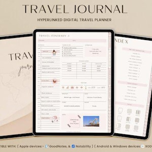 May include: Three tablets displaying a digital travel journal. The central tablet shows a detailed itinerary with pink accents. The left tablet displays the title "TRAVEL JOURNAL" and a world map. The right tablet shows an index. Text includes "HYPERLINKED DIGITAL TRAVEL PLANNER".