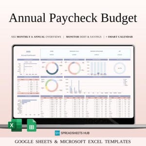 May include: A laptop displays a financial spreadsheet titled "Annual Paycheck Budget." The screen shows charts and data tables. The text includes "See Monthly & Annual Overviews" and "Monitor Debt & Savings." Icons for Excel and Google Sheets are visible.