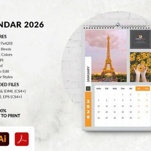 Könnte beinhalten: Wandkalender 2026 mit einem Foto des Eiffelturms in Paris. Der Kalender zeigt den Monat Januar. Der Kalender hat das Format A3 (29,7 x 42 cm) und ist druckfertig. Der Text "WANDKALENDER 2026" ist sichtbar.