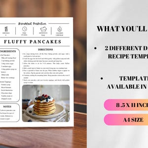 K&ouml;nnte beinhalten: Eine Rezeptvorlage f&uuml;r fluffige Pfannkuchen mit Zutaten und Anweisungen. Das Design zeigt einen Stapel Pfannkuchen mit Beeren. Die Vorlage ist in den Gr&ouml;&szlig;en 8,5 x 11 Zoll und A4 erh&auml;ltlich.