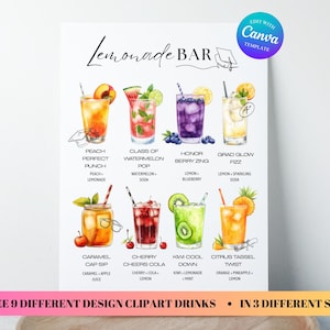 Menù del bar della limonata per la festa di laurea personalizzato e stampabile in formato PNG, 17 cartelli per bevande in formato PNG