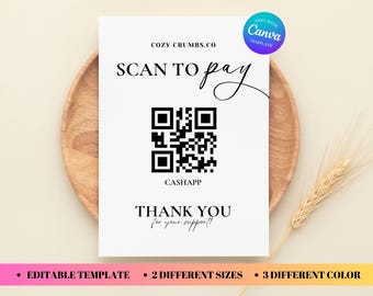 Scan To Pay Template, Scan QR Code Sign Editable, Paypal & Venmo Cashless, Small Business