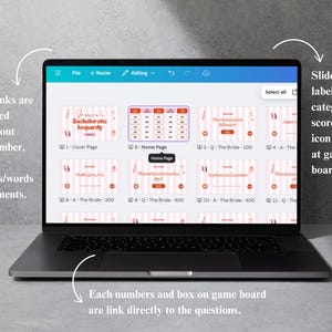 May include: A laptop screen displaying a digital game board for a hen party. The game board is divided into 12 sections, each with a different category and score. The game board is pink and white with a pink and white striped background. The text "Bachelorette Jeopardy" is displayed at the top of the screen.