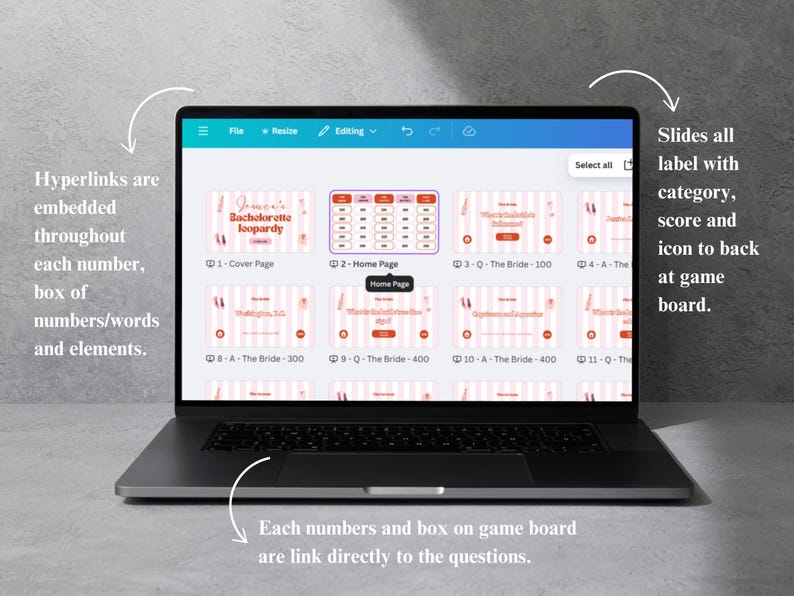 May include: A laptop screen displaying a digital game board for a hen party. The game board is divided into 12 sections, each with a different category and score. The game board is pink and white with a pink and white striped background. The text "Bachelorette Jeopardy" is displayed at the top of the screen.