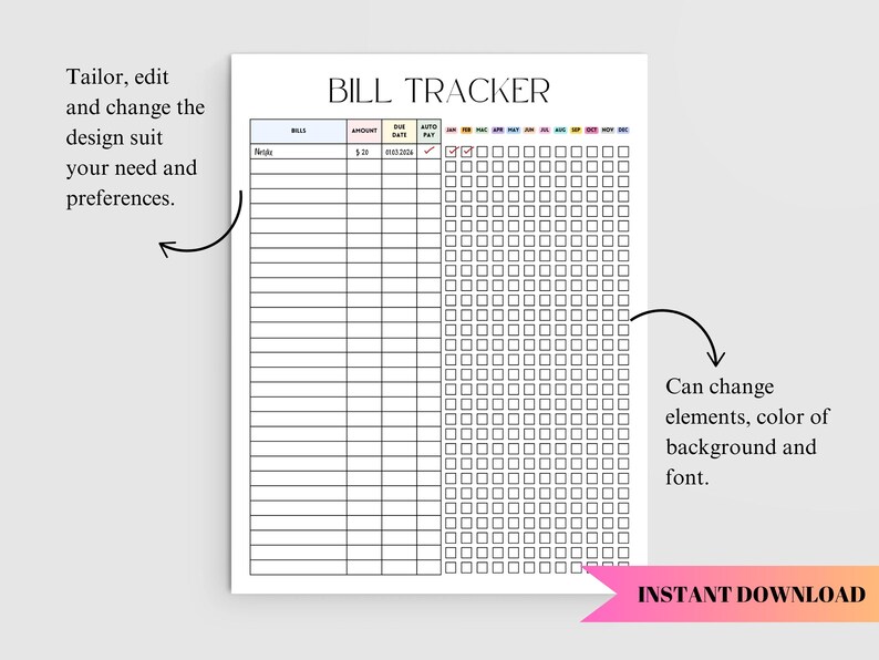 Monthly Expenses Bill Tracker Printable, Bill Payment PDF, Budget ...