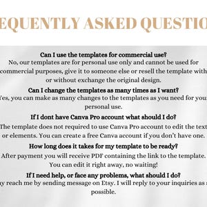 May include: A white background with black text answering frequently asked questions about using templates for personal use. The text includes questions like "Can I use the templates for commercial use?" and "If I don't have Canva Pro account what should I do?"