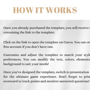 May include: A four-step guide on how to use a template. The steps are numbered 1 through 4 with a heart icon next to each number. The text explains how to use a template on Canva, customise it, and print a scorecard.