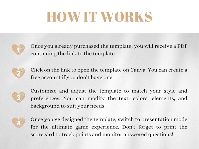 May include: A four-step guide on how to use a template. The steps are numbered 1 through 4 with a heart icon next to each number. The text explains how to use a template on Canva, customise it, and print a scorecard.