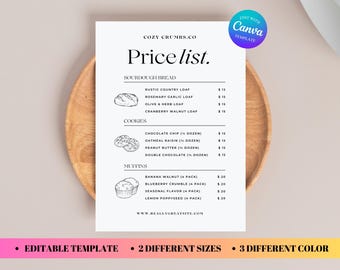 Sourdough Price List, Editable Bakery Menu Sign Templates, Home Baking Craft Show Menu