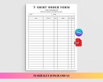 Order Form T-Shirt, Fillable Purchase Template Editable, Custom Shirt Sheet, Shirts Stock Business Planner