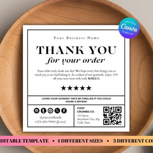 May include: A square white thank you card template with black text reading THANK YOU for your order, a five-star graphic, social media icons, and a QR code. The card includes placeholders for business name, contact details, and a discount code.