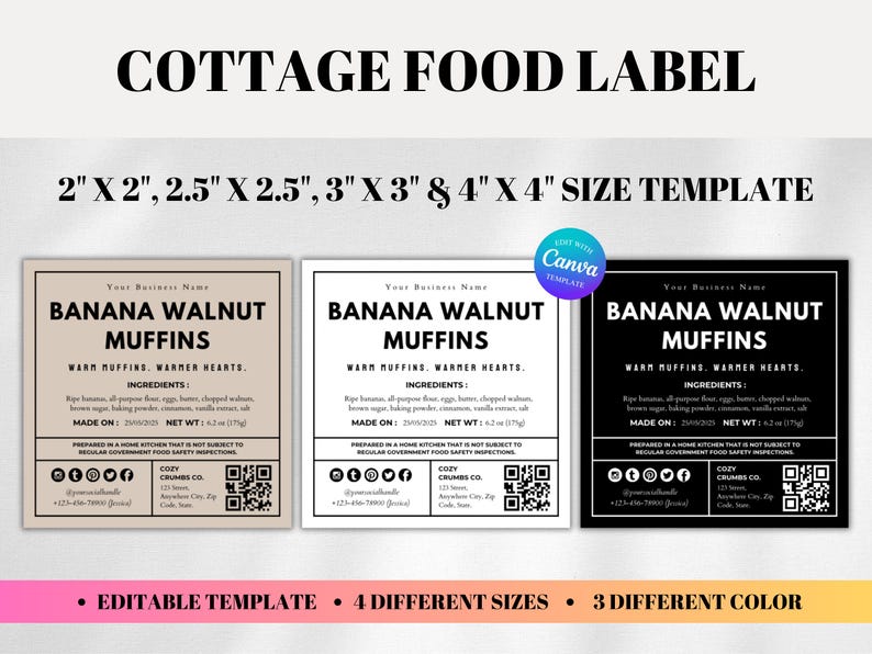 Ingredients Tags Cottage Food Label Template QR Code Editable, Home Law Bakery Stickers ...