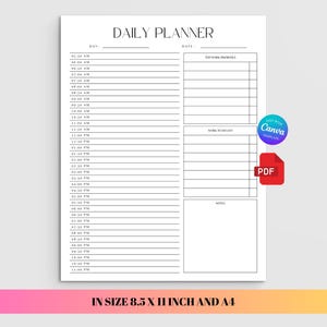 Puede incluir: Una plantilla de planificador diario blanca con texto y líneas negras. Incluye un horario de 5:00 a 23:00, secciones para prioridades de trabajo, una lista de tareas y notas. El documento muestra un logo de Canva y un icono de PDF, tamaño A4.