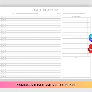 Puede incluir: Una plantilla de planificador diario blanca en orientación horizontal con texto y líneas negras. Incluye un horario de 5:30 a 23:00, secciones para prioridades de trabajo, una lista de tareas y notas. Disponible en tamaño A4.