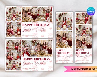 Trendy Red Cherry Coquette Photobooth Canva Template, Editable Birthday Photoshoot, Red Bow Design, Photo Booth Template Birthday, 2x6 & 6x4