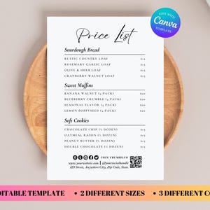 May include: A white price list template with a handwritten font, listing sourdough bread, sweet muffins, and soft cookies. The template includes the text "EDITABLE TEMPLATE", "2 DIFFERENT SIZES", and "3 DIFFERENT COLOUR". The price list is on a wooden plate.