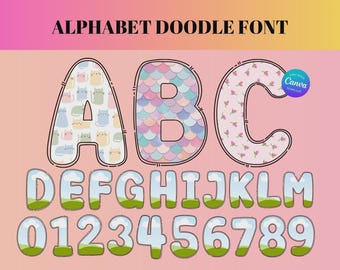 Doodle Alphabet Zahlen Schriftrahmen, ziehen Rahmenschriftarten, bearbeitbare Canva-Vorlage