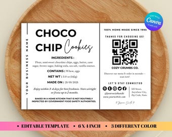 Cottage Food Label Template 6x4, Home Bakery Ingredient Sticker, Rectangle Cookies Label With QR