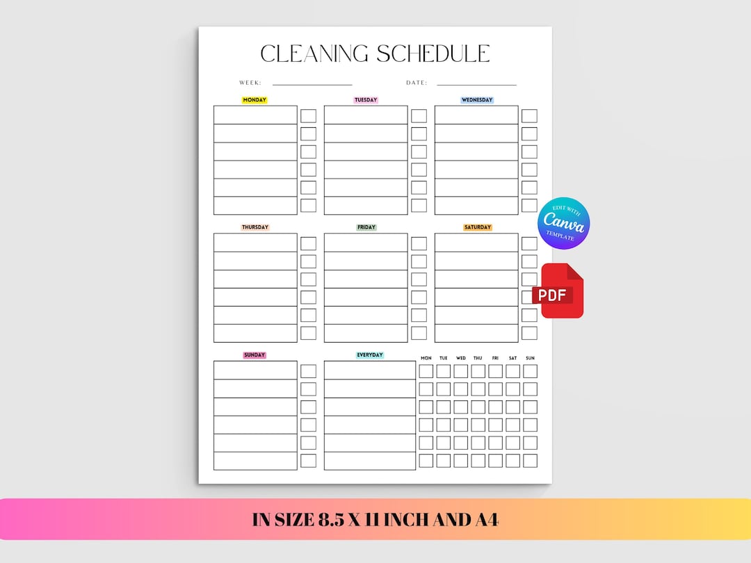 Cleaning Schedule Checklist Editable, Daily Weekly Monthly Deep Clean ...