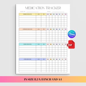 May include: A printable medication tracker on white paper. The top of the page reads "MEDICATION TRACKER". The tracker is divided into sections for morning, afternoon, evening, and other medications. The bottom of the page reads "IN SIZE 8.5 X 11 INCH AND A4".