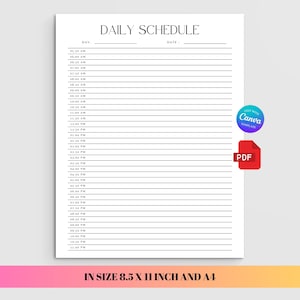 Puede incluir: Una página de planificador diario blanca con texto y líneas negras. El encabezado dice DAILY SCHEDULE con campos para día y fecha. El lado izquierdo enumera horas de 5:00 AM a 11:00 PM con líneas horizontales. Incluye un icono de Canva y PDF.