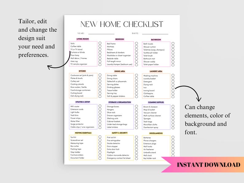 New Home Checklist Editable, First Apartment & Moving List Essentials ...