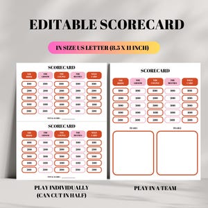 May include: Printable scorecard template for a game with categories such as "The Bride", "The Groom", "The Couple", "The Bestes", and "Wild Card". The scorecard is designed for individual play or team play. The template is 8.5 inches by 11 inches.