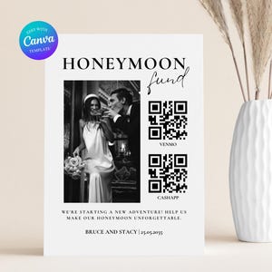 May include: A black and white wedding sign with the words "HONEYMOON fund" in elegant script. The sign includes a photo of a couple toasting, QR codes for Venmo and CashApp, and the text "WE'RE STARTING A NEW ADVENTURE! HELP US MAKE OUR HONEYMOON UNFORGETTABLE."