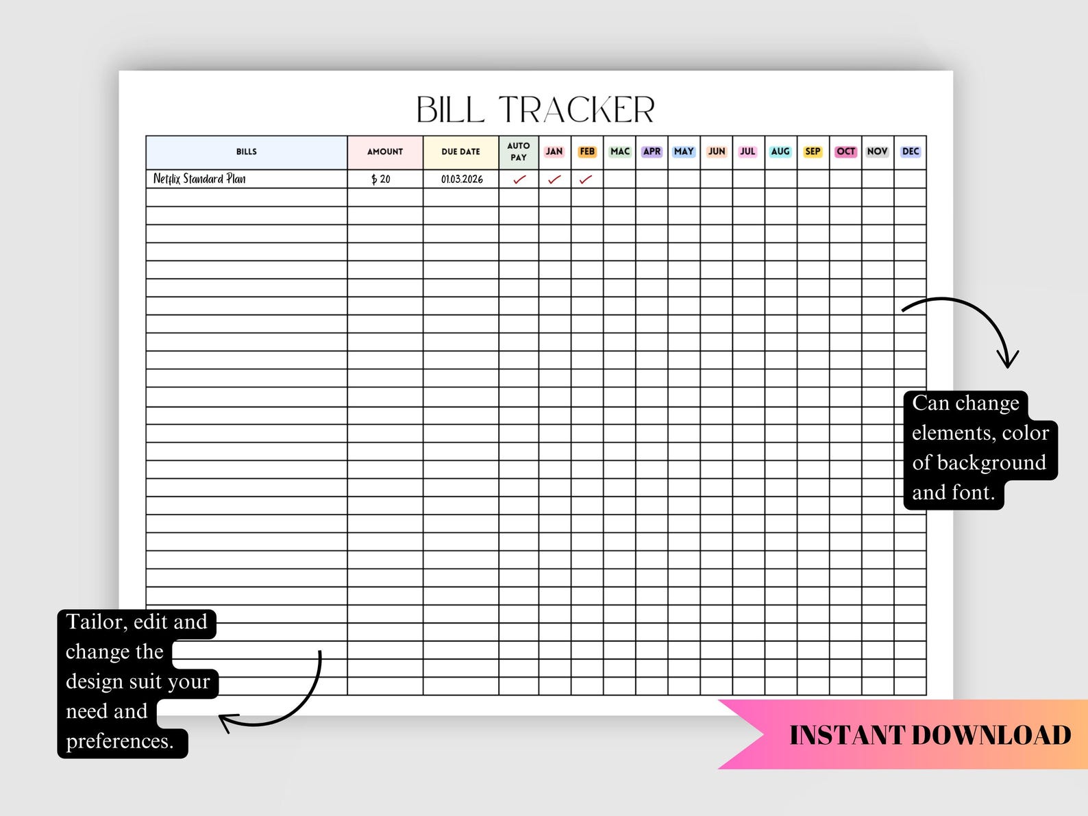 Monthly Bill Payment Tracker, Printable Expense Tracker Landscape ...