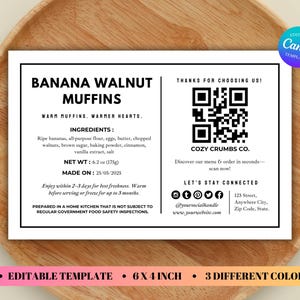 Etiketter för husmanskost med QR-kod, redigerbara, klistermärken för bageri enligt husmanskostlagen, ingredienser för muffinsprodukt